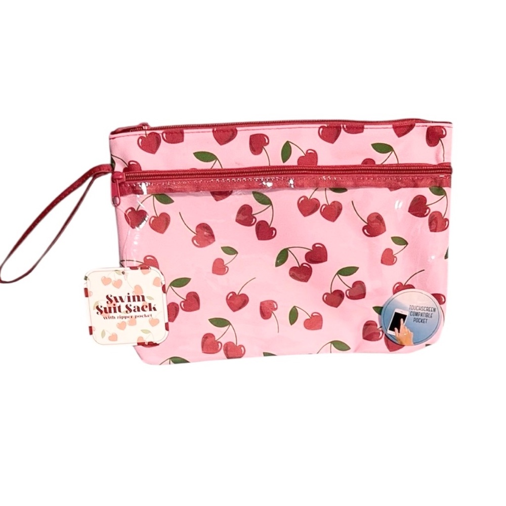 Cherry Print  Swim Suit Sack Touchscreen Dry & Wet Wristlet Pouch New With Tags
